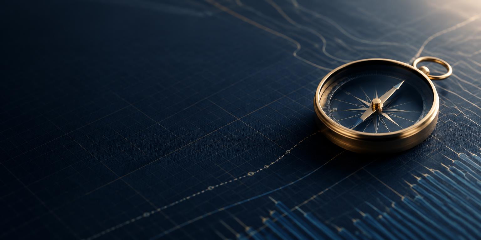 Brass compass resting on technical charts